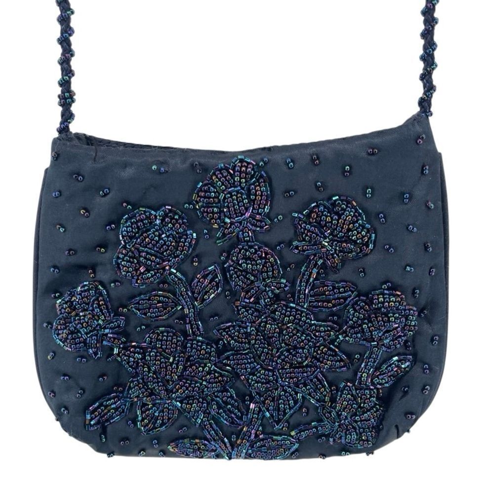 La Regale Vintage Navy Floral Beaded Evening Crossbody Bag Small Purse